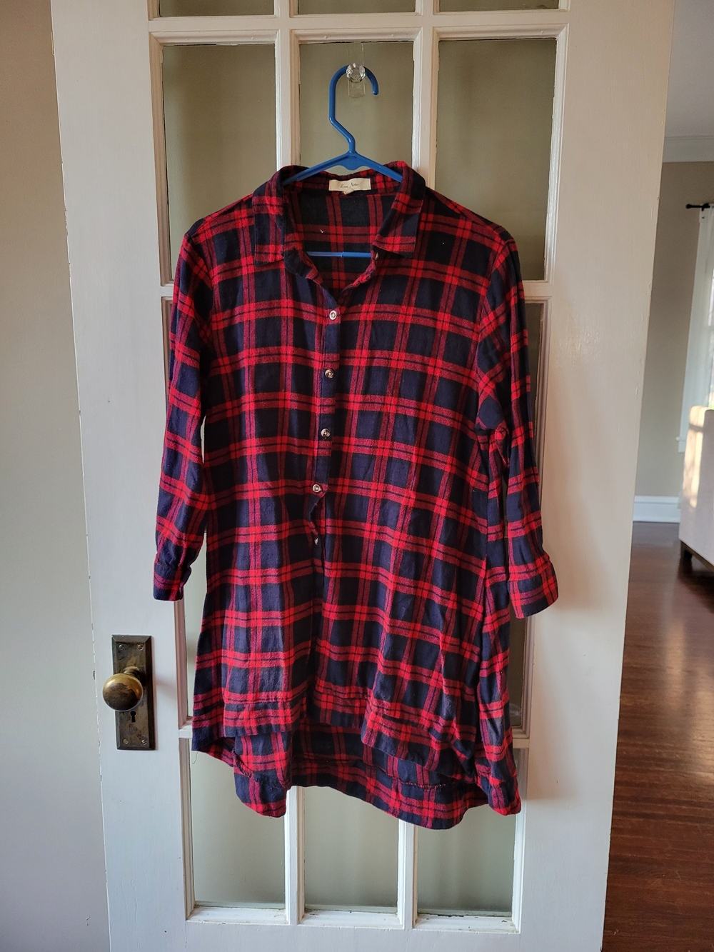 Love Notes Womens Plaid Button Up Top 3/4 Sleeve Hi Low Red/Navy Sz Large Cotton